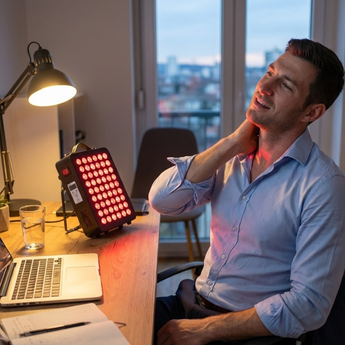 Rode lamp spieren: kantoormedewerker verlicht stijve nek en schouders met roodlichttherapie aan bureau