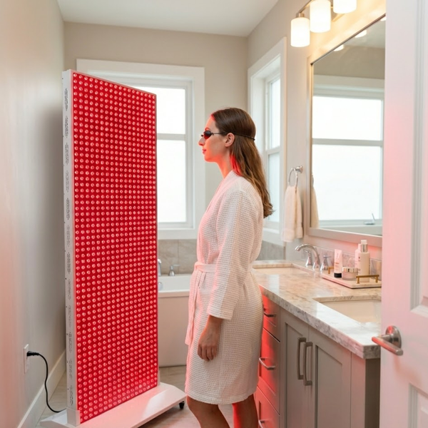 Vrouw in badjas met beschermbril die voor een roodlichttherapiepaneel staat in een lichte badkamer.