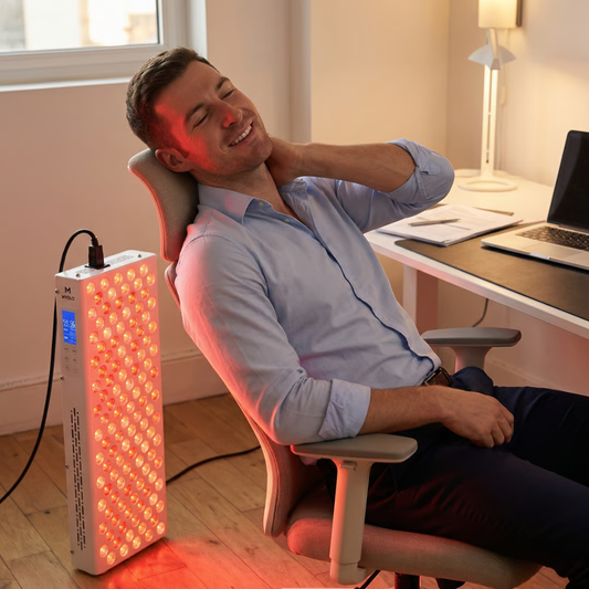 Man ontspant in een bureaustoel naast een roodlichttherapie paneel en houdt zijn nek vast na bureauwerk.