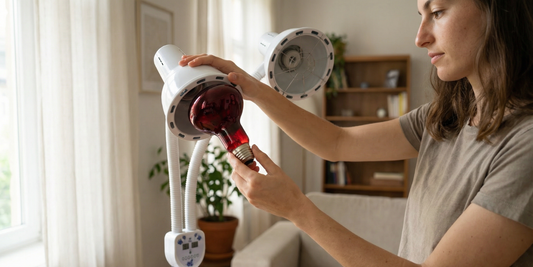 Persoon stelt een infraroodlamp in voor een infraroodlamp gezicht routine thuis.