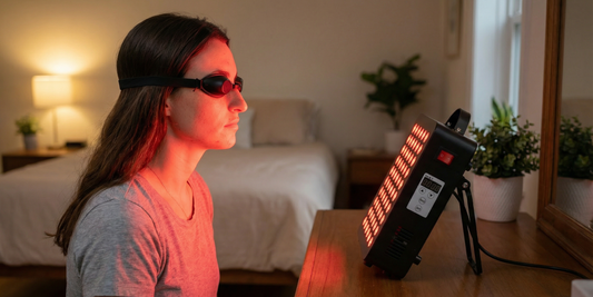 Persoon gebruikt een roodlichttherapie paneel thuis met beschermbril, passend bij red light therapy wetenschap