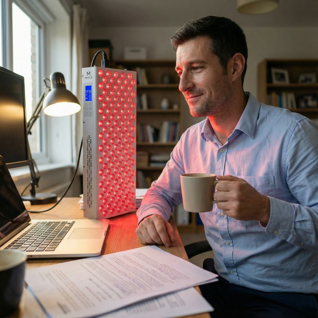Man gebruikt een roodlichtpaneel naast een laptop aan een bureau, met een mok in de hand, als rustige avondroutine om stress na het werk te verminderen.