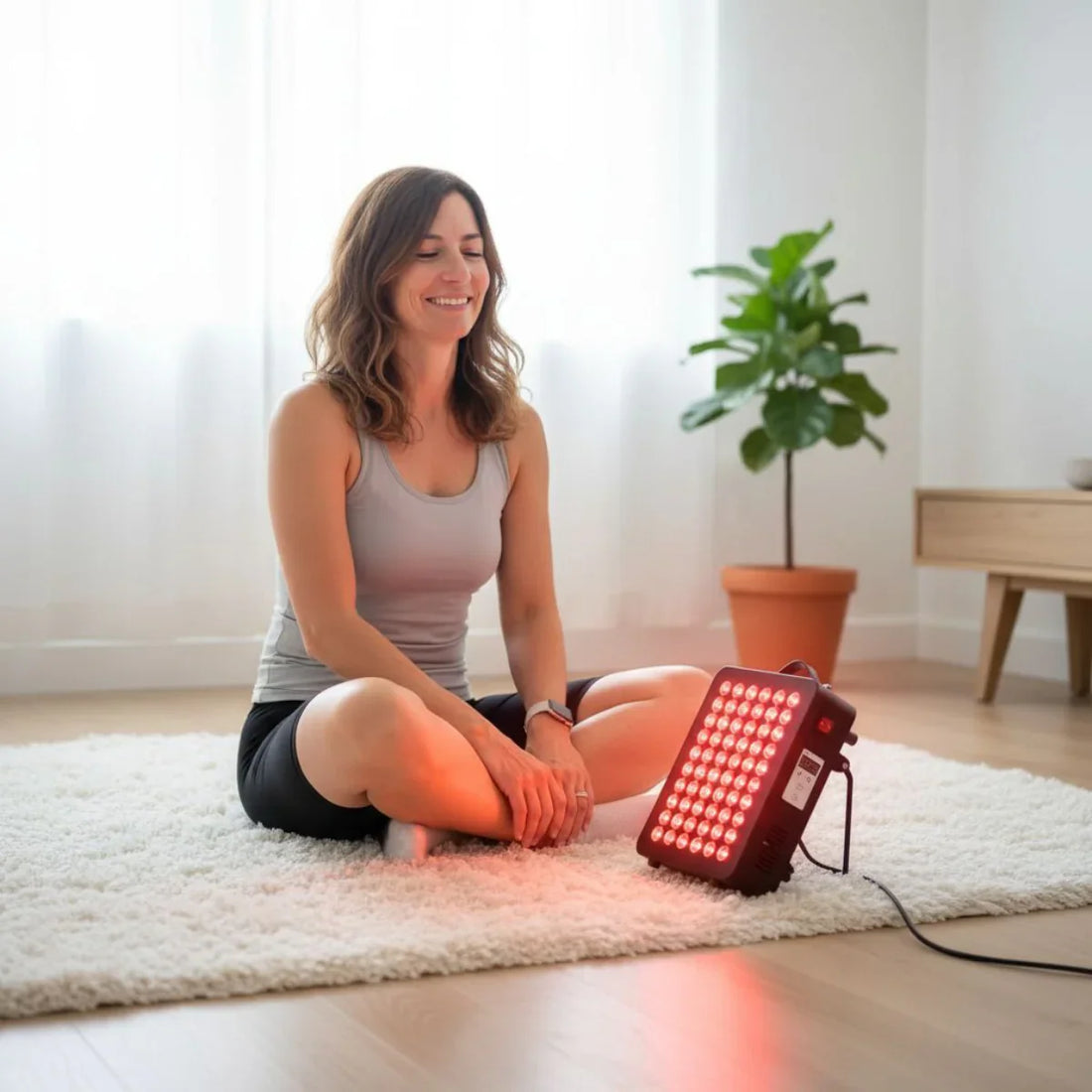 Vrouw gebruikt het Mvolo Elite Series 206 compacte roodlichttherapiepaneel voor lichttherapie thuis