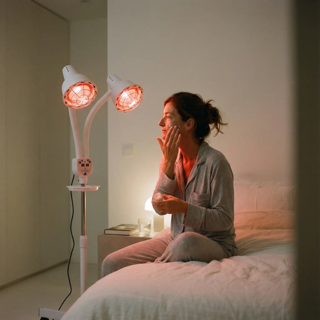 Nabij-infraroodlichttherapie voor huidcomfort thuis met een lamp.