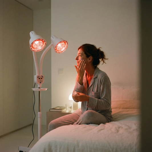 Nabij-infraroodlichttherapie voor huidcomfort thuis met een lamp.