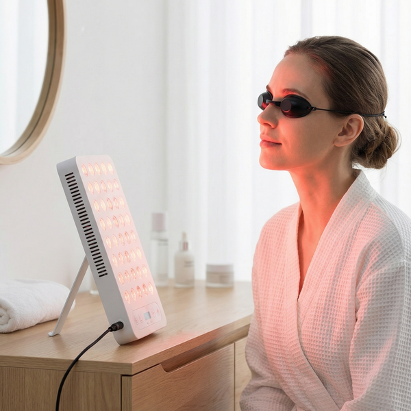 Persoon gebruikt roodlichttherapie paneel met beschermbril als biohacking met licht om energieniveau, herstel en focus te ondersteunen