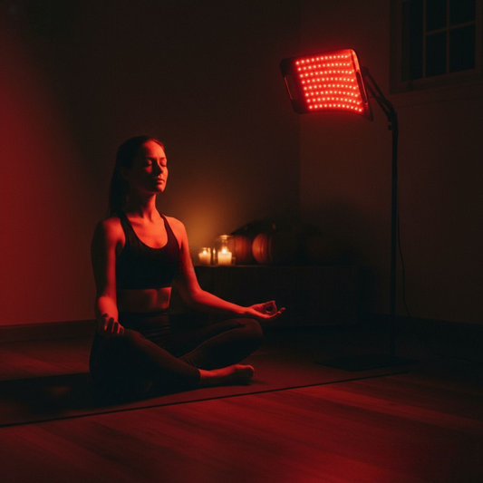 Infraroodlamp zonder warmte (rood licht therapie) op standaard naast vrouw die mediteert op yogamat in een donkere kamer.