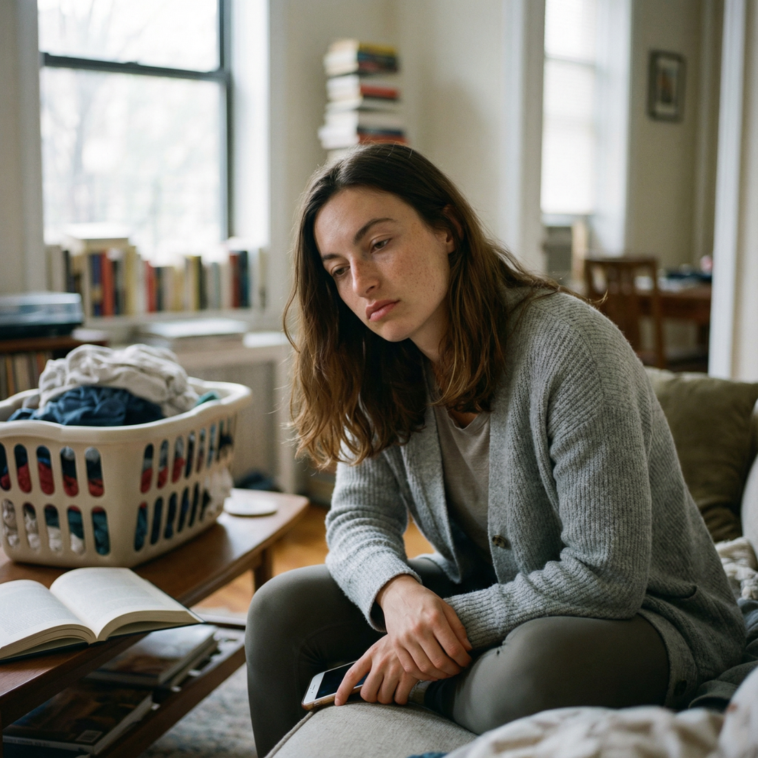 Vermoeide vrouw zit thuis op de bank en vraagt zich af: “waarom ben ik de hele tijd zo moe?