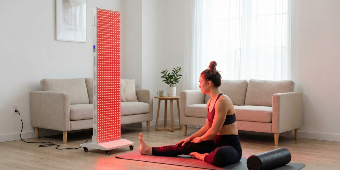 Full body red light therapy panel on a wheeled stand used at home while a woman stretches on a yoga mat.