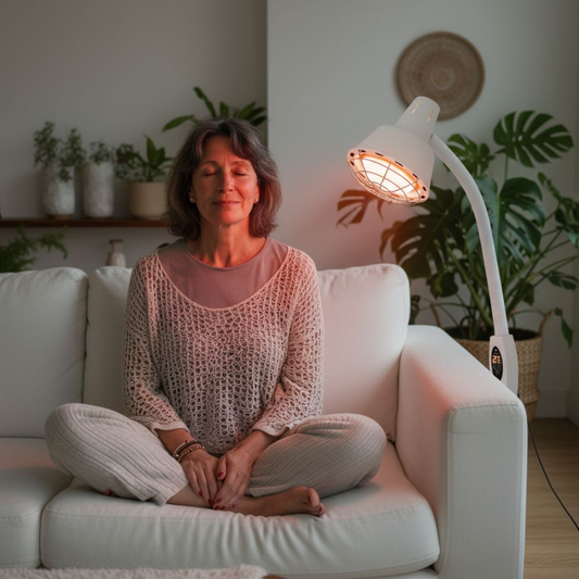 Is infraroodtherapie schadelijk? Vrouw gebruikt infraroodlamp thuis voor ontspanning