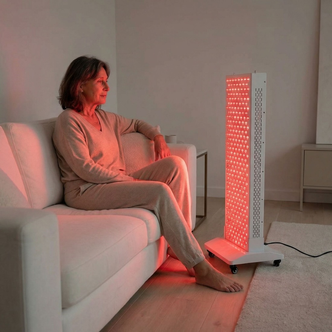 Vrouw ontspant thuis naast een roodlichttherapie paneel voor hormonale balans en herstel