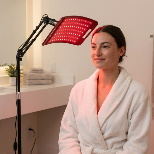 Red light therapy haar behandeling met LED-paneel boven de hoofdhuid