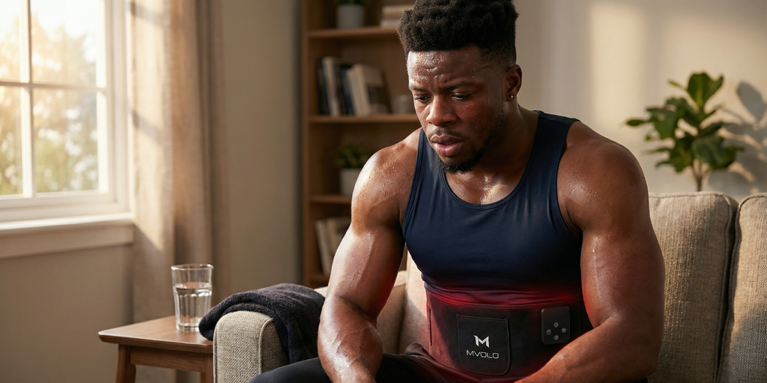 Man op de bank met een roodlichttherapie rugband tijdens een thuisroutine voor de onderrug