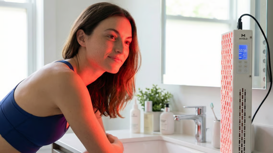 Rood licht therapie thuis met een roodlichtpaneel: vrouw gebruikt rood licht in de badkamer tijdens een eenvoudige routine.