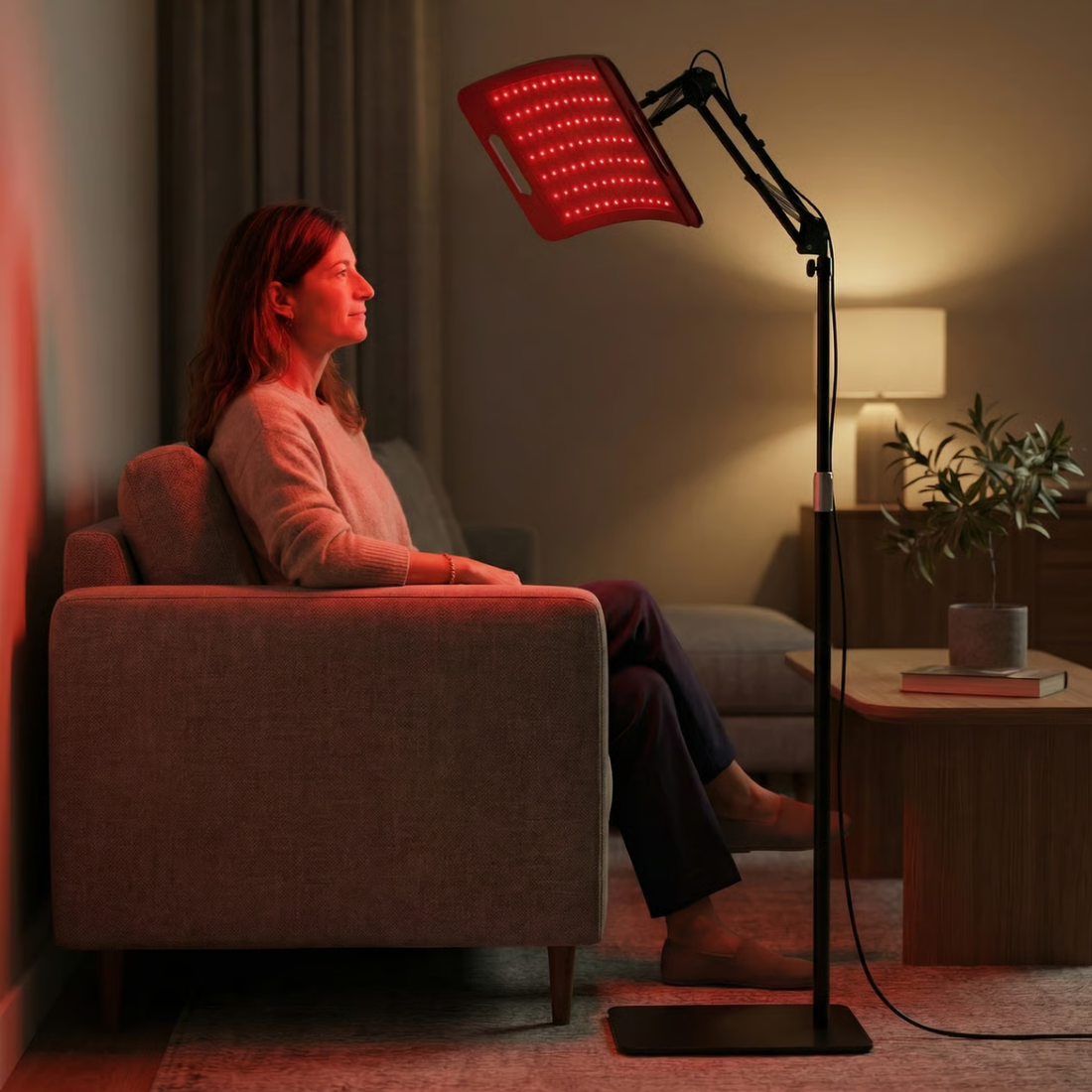 Persoon gebruikt rood licht therapie lamp thuis als rustige routine-stap voor huidcomfort.