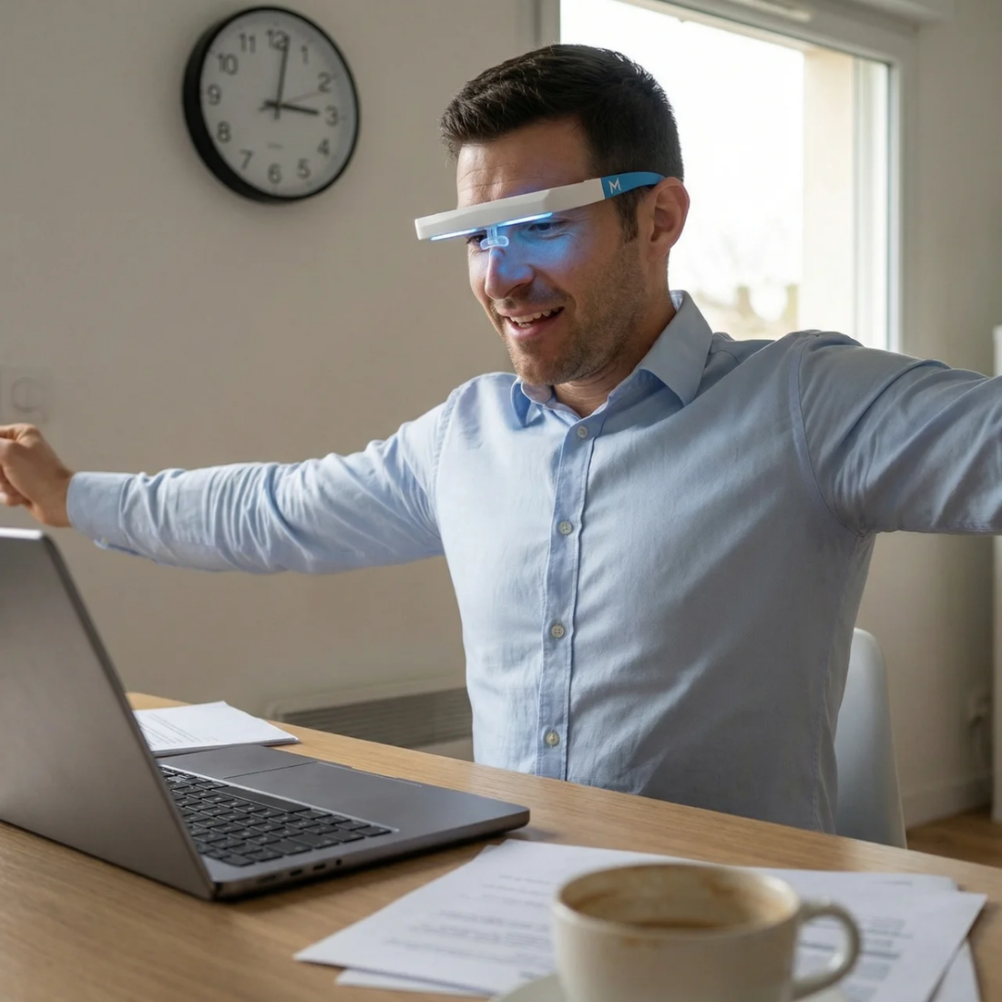 Kantoormedewerker aan een bureau die zich uitrekt terwijl hij een lichttherapiebril draagt, met een open laptop in een lichte thuiswerkruimte