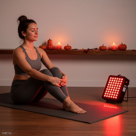 Vrouw op yogamat naast compact roodlichttherapie paneel dat rood licht uitstraalt in een rustige thuisomgeving.