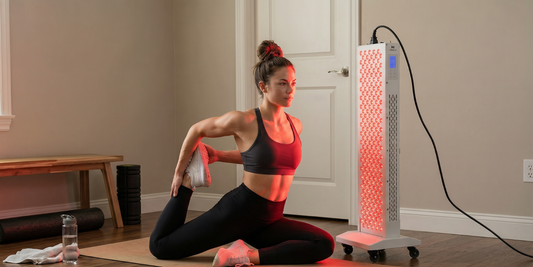 Vrouw die stretcht naast een roodlichttherapie paneel op verrijdbare standaard in huis, rood licht therapie als onderdeel van een rustige wellness-routine.