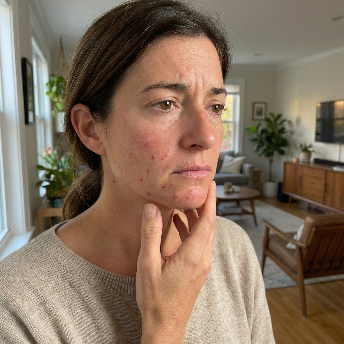 Woman with mild adult acne touching her chin at home, showing acne-prone skin and post-breakout redness on the cheek and jawline.