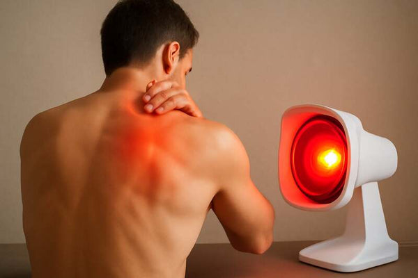 Infraroodlamp op de schouder voor warmte en herstel in een eenvoudige thuisroutine