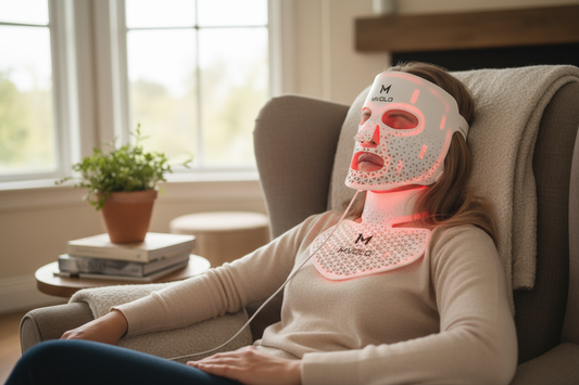 Infrarood masker in gebruik tijdens een ontspanningsmoment thuis, met zacht licht voor gezicht en hals