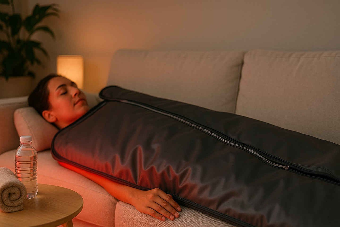 Person resting on a sofa inside an infrared sauna blanket, with a water bottle nearby for hydration.