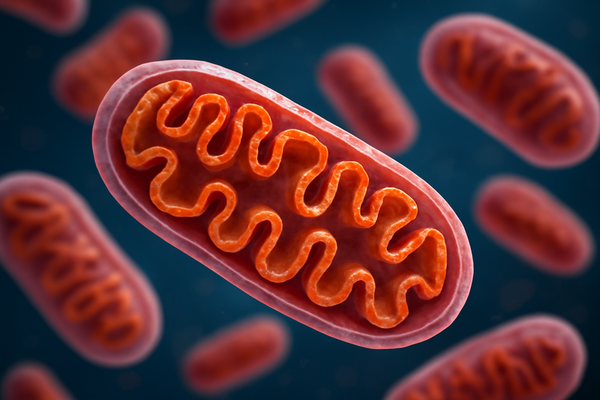 3D-illustratie van een mitochondrion (energiecentrale van de cel) met zichtbaar geplooid binnenmembraan.