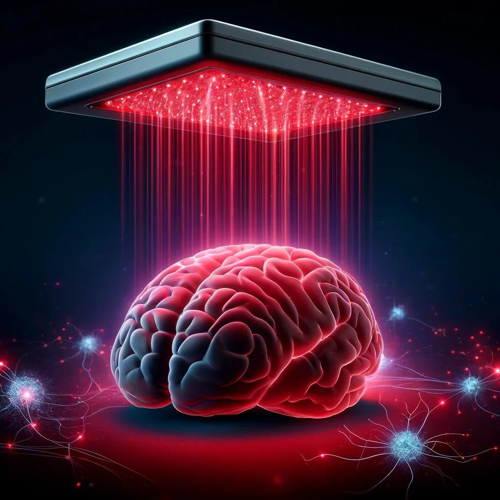 3D illustration of a brain under red light therapy panel, showing red light beams and neural connections concept.