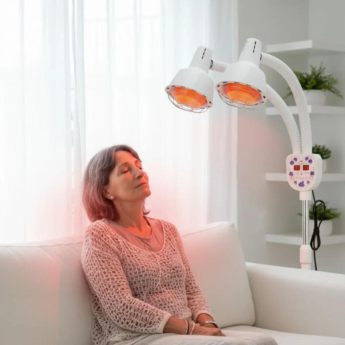 Woman relaxing on a sofa under a double infrared lamp for targeted heat therapy at home.