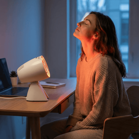 Vrouw gebruikt een infraroodlamp voor het gezicht aan bureau, warm licht voor ontspanning en huidroutine