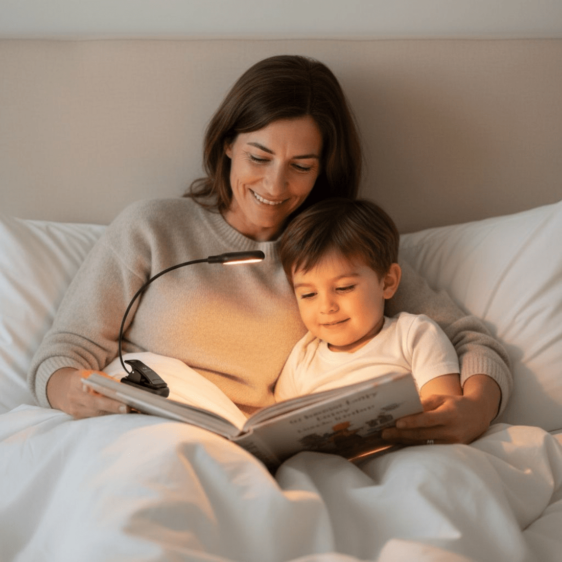 Volwassene en kind lezen samen in bed onder warm amberkleurig leeslicht voor een rustige avondroutine