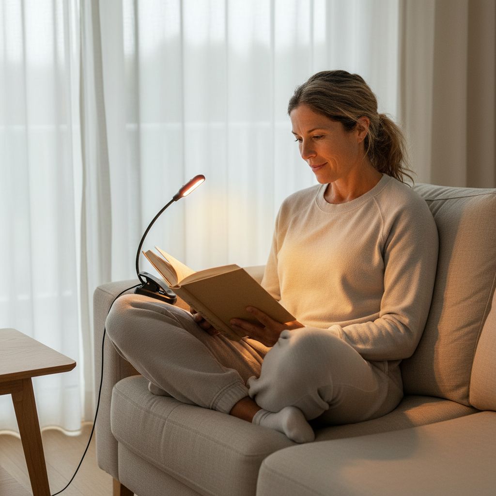 Vrouw leest ontspannen op de bank met een oplaadbare leeslamp die warm, gericht licht op het boek schijnt.