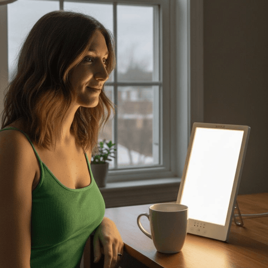 Vrouw zit aan een houten tafel en kijkt glimlachend naar een daglichtlamp tijdens een ochtendlijke lichttherapie sessie met een kopje koffie naast haar