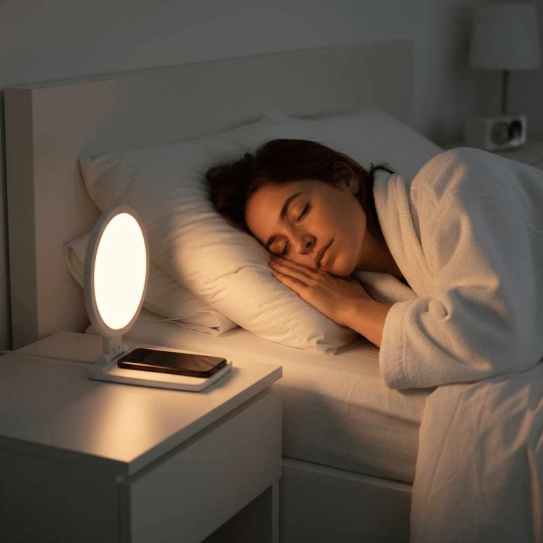 Persoon die rustig slaapt in bed naast een zacht gloeiende bedlamp in een kalme slaapkamer in de avond.