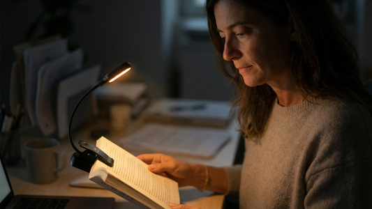 Draadloze leeslamp verlicht een boek tijdens lezen in bed voor het slapengaan