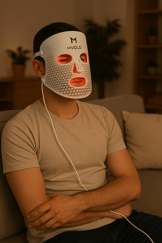 Persoon draagt een LED gezichtsmasker thuis tijdens een rustige huidroutine