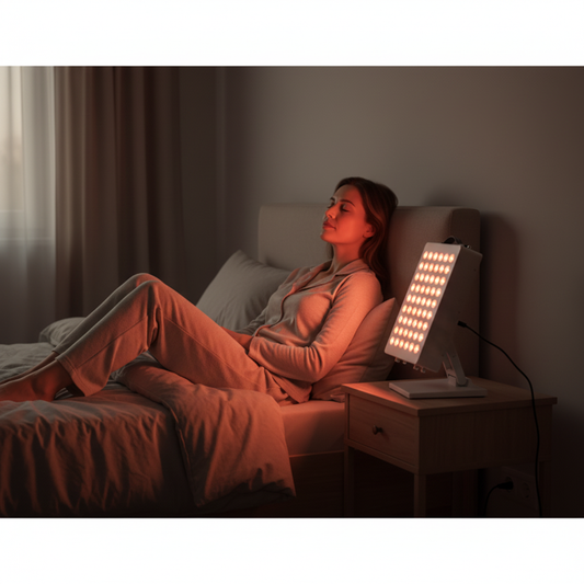 Vrouw ontspant in bed naast een roodlichttherapie paneel tijdens een rustige avondroutine