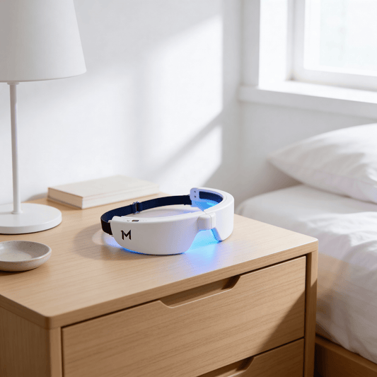 Handsfree Mvolo lichttherapie bril met zacht blauw verrijkt licht voor helderdere ochtenden, te gebruiken tijdens bewegen, werken of ontspannen.
